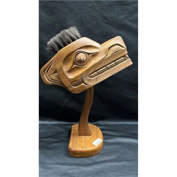 NORTHWEST COAST FIRST NATIONS CARVED WOOD WOLF MASK ON STAND: SIGNED BY DOUG  C. TERRICO, 2016