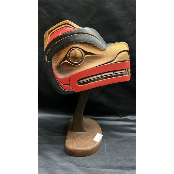NORTHWEST COAST FIRST NATIONS CARVED & PAINTED BEAR MASK ON STAND: SIGNED BY DOUG C. TERRICO, 07/15