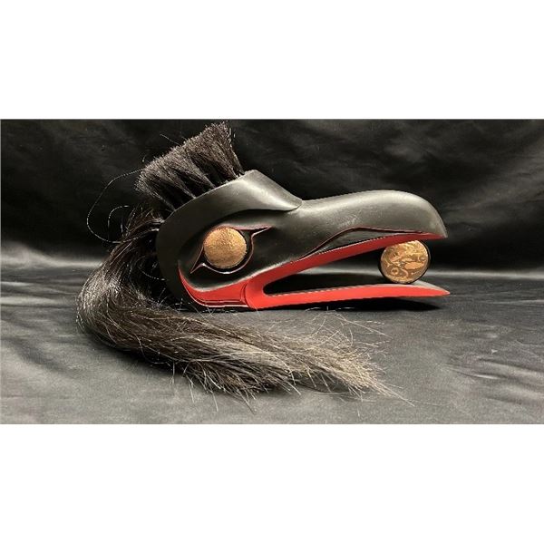 NORTHWEST FIRST NATIONS CARVED & PAINTED WOOD RAVEN MASK WITH COPPER EYES & MEDALLION
