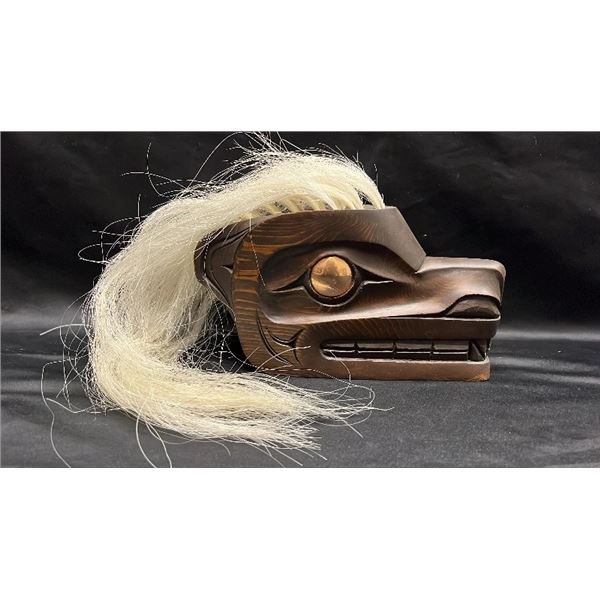 NORTHWEST COAST FIRST NATIONS CARVED WOOD WOLF MASK: SIGNED BY DOUG C. TERRICO, 2016