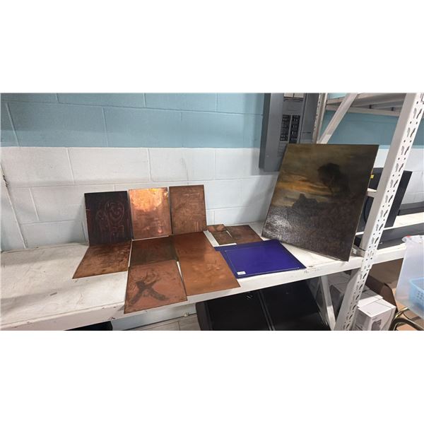 SHELF OF ASSORTED ETCHED COPPER ARTWORK & OIL ON CANVAS ARTWORK