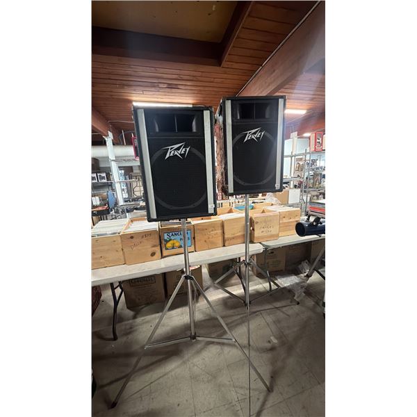 PAIR OF PEAVEY 115H SPEAKERS ON PAIR OF TOA ST-20 SPEAKER STANDS
