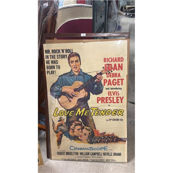 VINTAGE FRAMED CINEMA SCOPE LOVE ME TENDER MOVIE POSTER (FRAME NEEDS REPAIR)