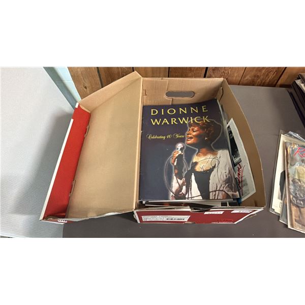BOX OF ASSORTED VINTAGE AUTOGRAPHED CELEBRITY ITEMS INCLUDING; DIONNE WARWICK, BUDDY JEWELL, ANDY