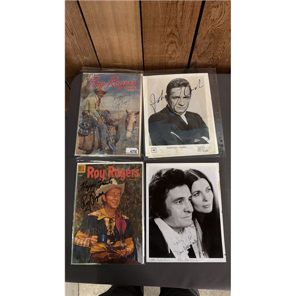 (3) VINTAGE AUTOGRAPHED JOHNNY CASH PHOTOS & (2) VINTAGE ROY ROGERS AUTOGRAPHED COMIC BOOKS