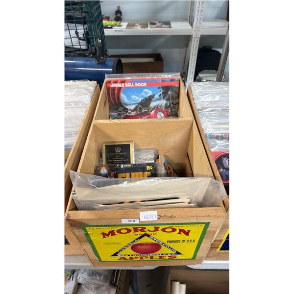 CRATE OF ASSORTED ELVIS PRESLEY COLLECTIBLES INCLUDING; VINYL RECORDS, CARDS, COMMEMORATIVE