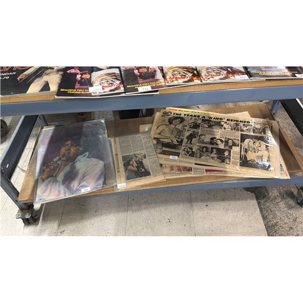 SHELF OF ASSTD LAMINATED ELVIS ARTICLES, BAG OF ELVIS ARTICLES & AN ELVIS POSTER