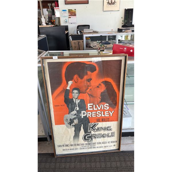 VINTAGE 1958 ELVIS PRESLEY "KING CREOLE" MOVIE POSTER: APPROX. 28" X 40.5" *GLASS IS BROKEN*