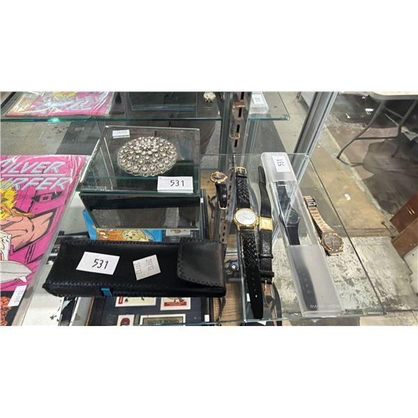 DIAMOND TESTER, SMALL MIRRORED JEWELRY BOX & CONTENTS & ASSTD. FASHION WATCHES