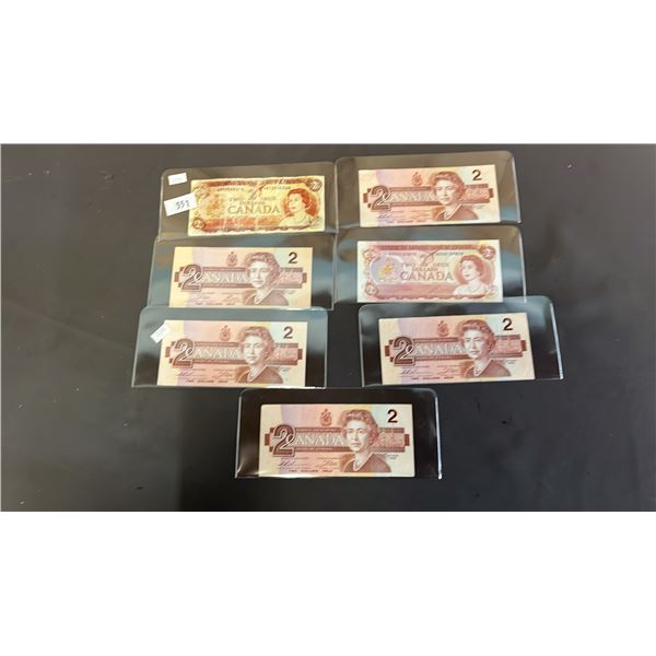 (2) 1974 CANADIAN $2 BILLS & (5) 1986 CANADIAN $2 BILLS