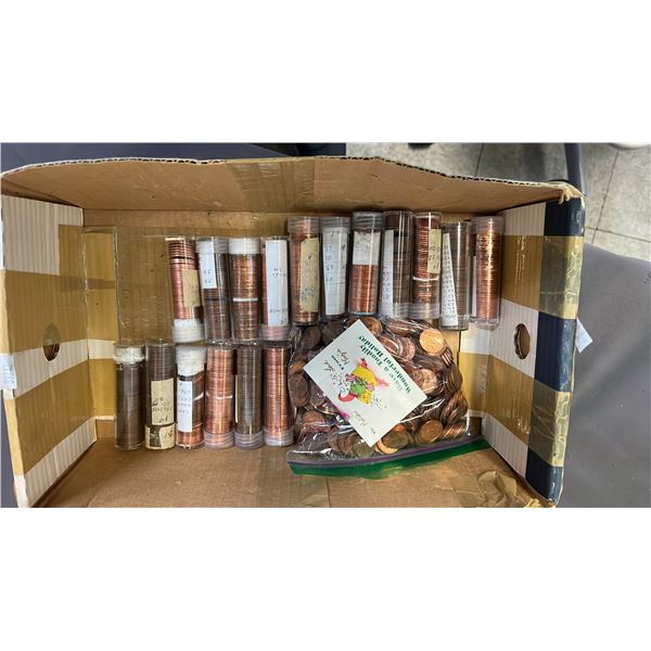 BOX OF ASSORTED ROLLED & LOOSE CANADIAN PENNIES