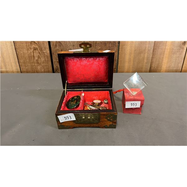 VINTAGE WOOD & BRASS JEWELRY BOX WITH CONTENTS & 1-1/2" SQUARE PAPERWEIGHT WITH LASER ETCHED IMAGE