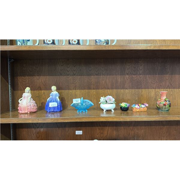3.5" TALL MOORCROFT BUD VASE, (2) ROYAL DOULTON FIGURINES, MINI ART GLASS BASKET & ASSORTED FLORALS