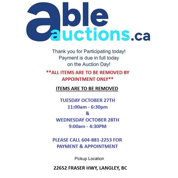 Removal is by appointment only. Tues Oct 27th 11am-6:30pm & Wed Oct 28th 9am-4:30pm