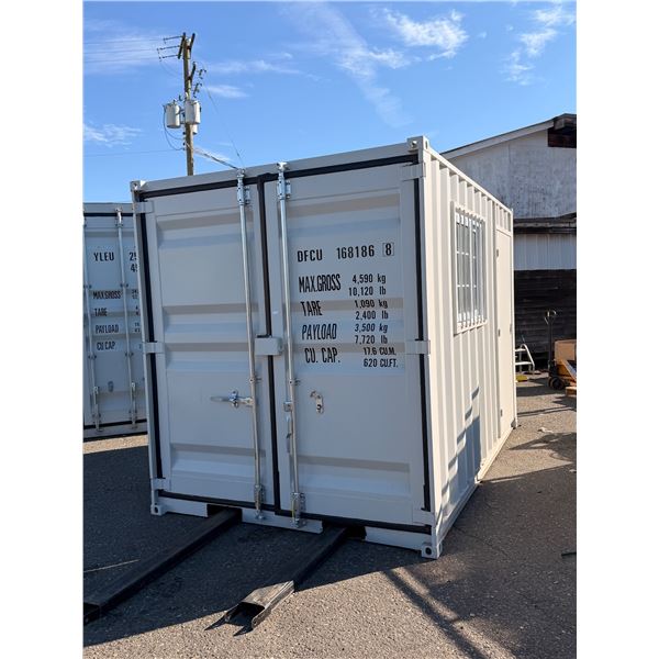 10FT BEIGE OFFICE STORAGE SHIPPING CONTAINER WITH DUAL SWING REAR DOORS, CAMS, SIDE MAN DOOR &