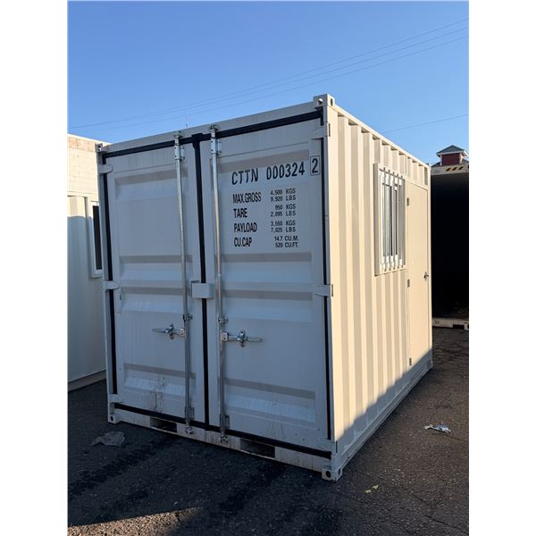 10FT BEIGE OFFICE STORAGE SHIPPING CONTAINER WITH DUAL SWING REAR DOORS, CAMS, SIDE MAN DOOR &