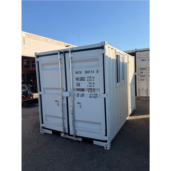 10FT BEIGE OFFICE STORAGE SHIPPING CONTAINER WITH DUAL SWING REAR DOORS, CAMS, SIDE MAN DOOR &