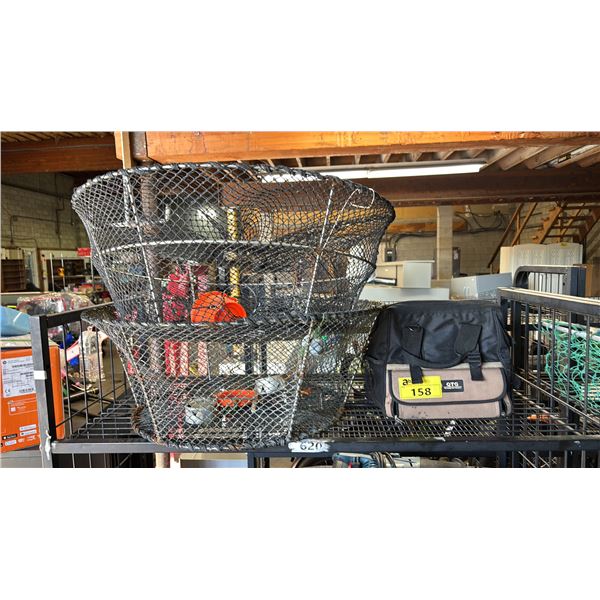 TWO LARGE FISHING NET  BASKETS AND BAG OF FISHING HOOKS