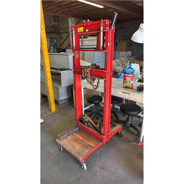 HEAVY DUTY RED H-FRAME HYDRAULIC SHOP PRESS MOUNTED ON ROLLING  CART