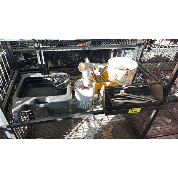 SHELF OF ASSORTED ITEMS INCL. HEAVY DUTY HAND TOOLS, OIL DRAIN PLAN AND MORE