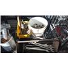 Image 3 : SHELF OF ASSORTED ITEMS INCL. HEAVY DUTY HAND TOOLS, OIL DRAIN PLAN AND MORE