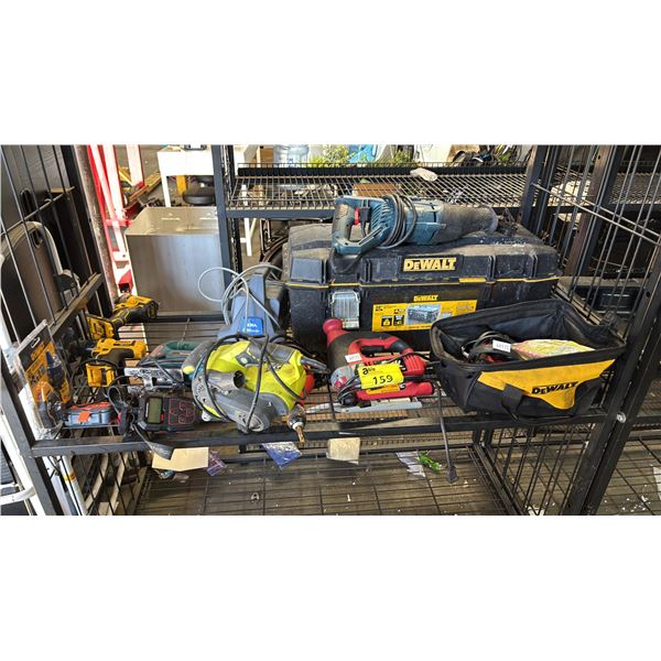 SHELF OF ASSORTED POWER TOOLS INCL. DEWALT DRILL, MAKITA SAW, DEWALT TOOL BOX AND MORE