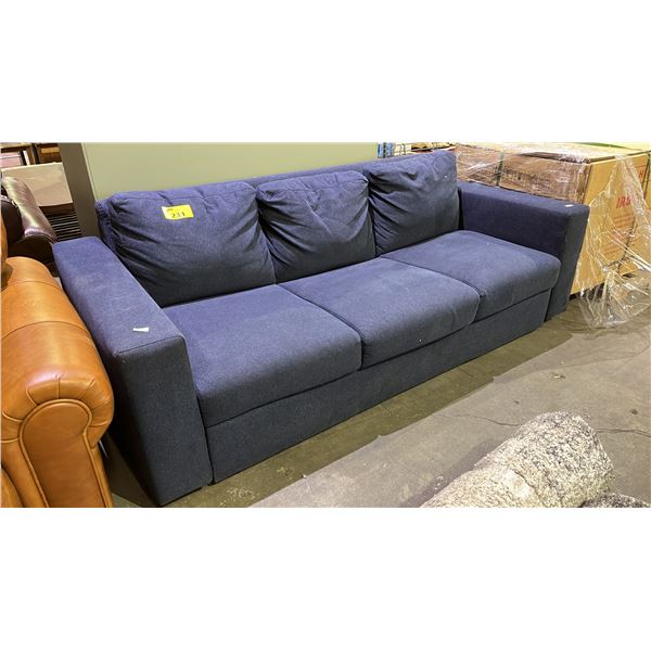 BLUE 3-SEAT FABRIC UPHOLSTERED SOFA WITH ATTACHED SEAT & BACK CUSHIONS