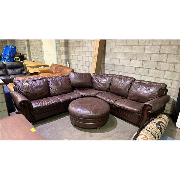 LEATHER UPHOLSTERED SECTIONAL SOFA WITH MATCHING ROUND OTTOMAN