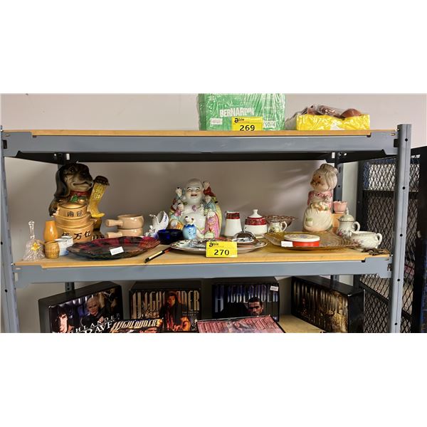 SHELF LOT OF ASSORTED COLLECTABLES ITEMS INCL. FIGURES, DISHES AND MORE