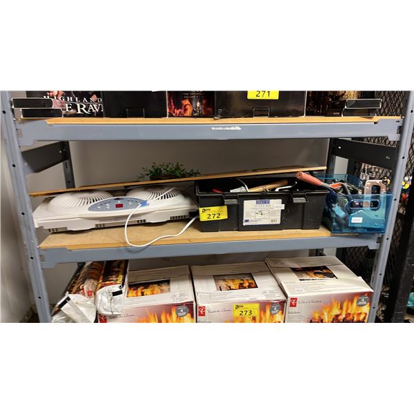 SHELF OF ASSORTED ITEMS INCL. TOOL BOX, 'SWEET HOME' WALL DECOR AND MORE