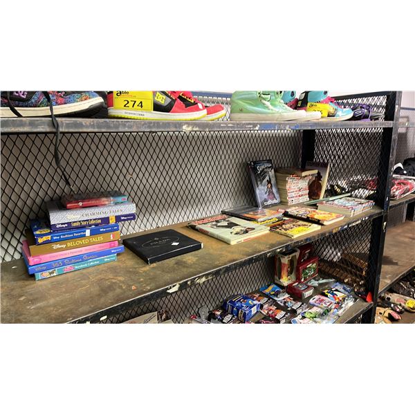 SHELF OF ASSORTED BOOKS INCL. SUPERMAN, HOCKEY BOOKS, DISNEY AND MORE