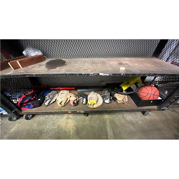 SHELF OF ASSORTED SPORTS ITEMS INCL. LEATHER BASEBALL GLOVES, BATS, BASKETBALL AND MORE