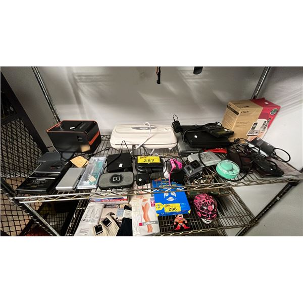SHELF OF ASSORTED ITEMS INCL. GOPRO HERO, VTECH FOUR HANDSET CORDLESS ANSWERING SYSTEM AND
