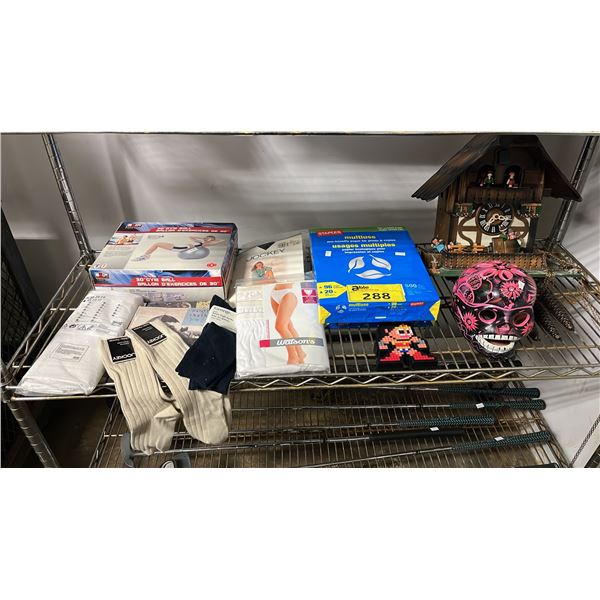 SHELF OF ASST. ITEMS INCL. 30" GYM BALL, MULTIUSE PAPER SHEETS, WOMEN'S CLOTHING AND MORE