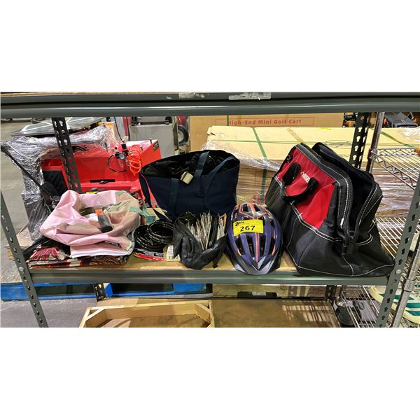 HUSKY TOOL BAG, BIKE HELMET, SMALL BAG OF ASSTD SPORTS TRADING CARDS, BIKE LOCKS, ASSTD. CLOTHING &