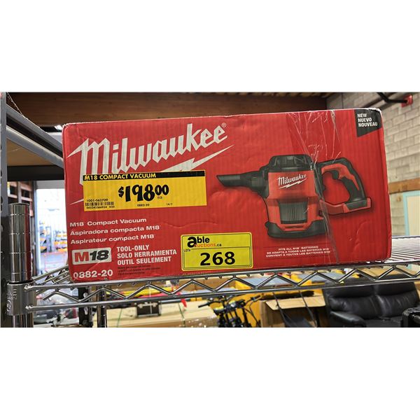 MILWAUKEE M18 COMPACT VACUUM *TOOL ONLY/NO BATTERY OR CHARGER*