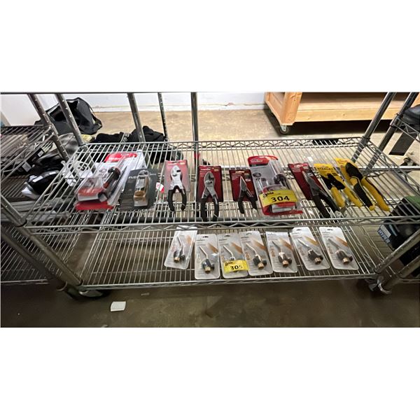 SHELF OF ASSORTED ITEMS INCL. HUSKY PLIERS, STANLEY WIRE STRIPPERS AND WELLER SOLDERING IRON KIT