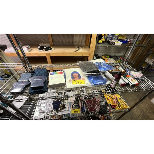 SHELF OF ASSORTED ITEMS INCLUDING UNICORN SPIT GEL STAINS, WIGS, VACUUMED T-SHIRTS AND MORE