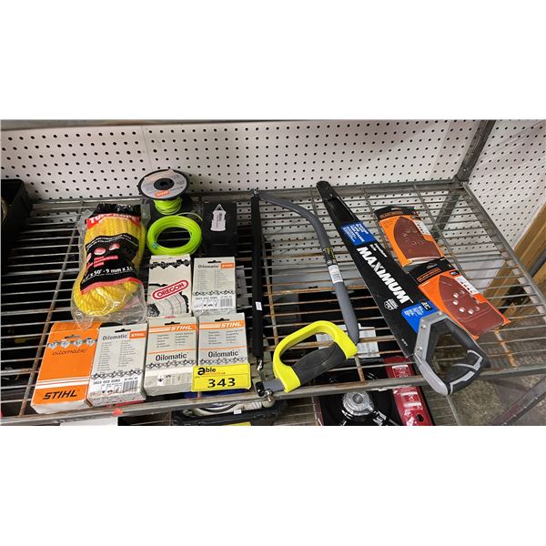 ASSORTED ITEMS INCLUDING STIHL OILOMATIC CHAINSAW CHAINS , ROPES, HANDSAW AND MORE