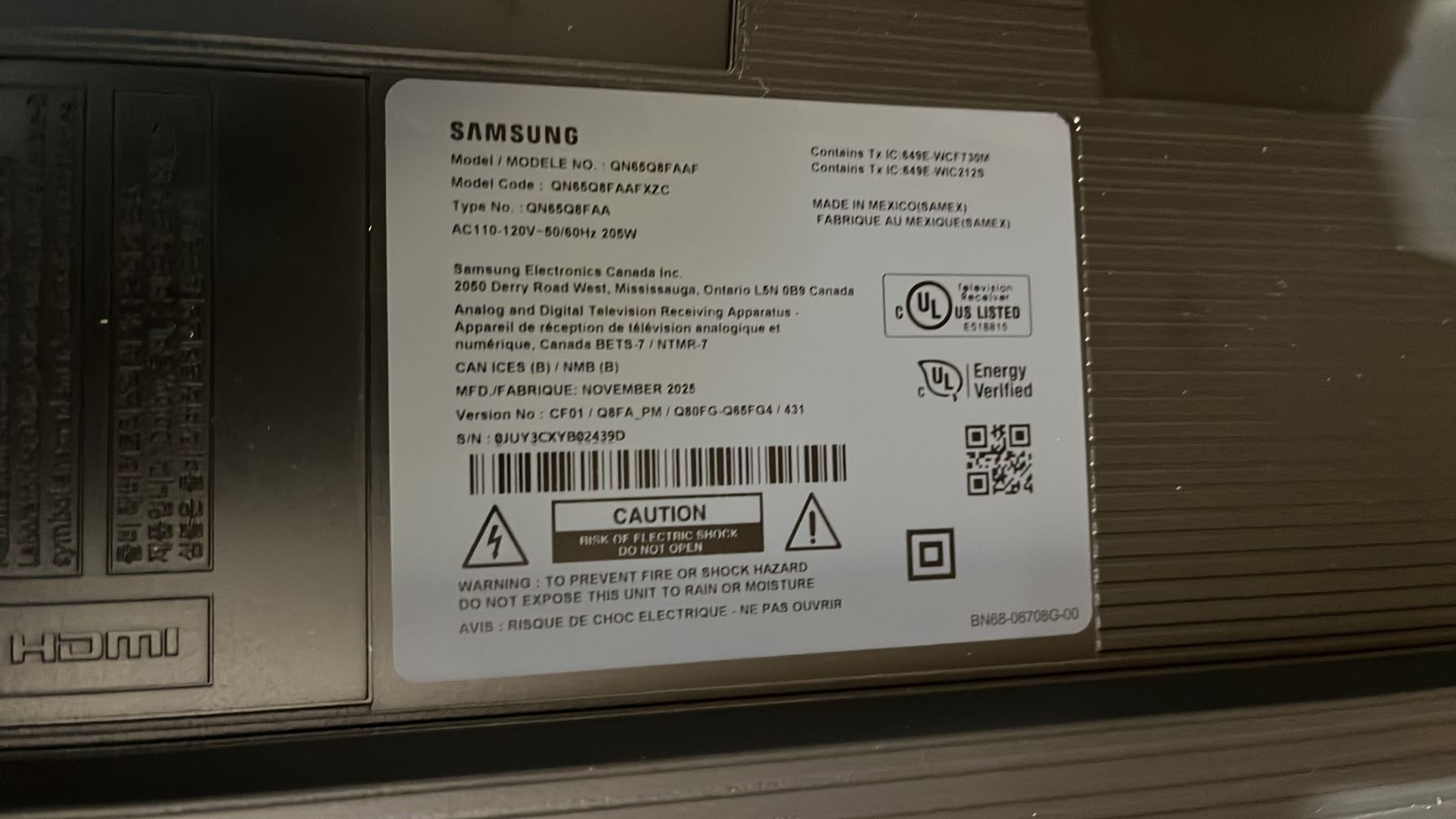SAMSUNG 65-INCH Q8F SERIES 4K QLED SMART TV WITH REMOTE AND CORD * 1 ...