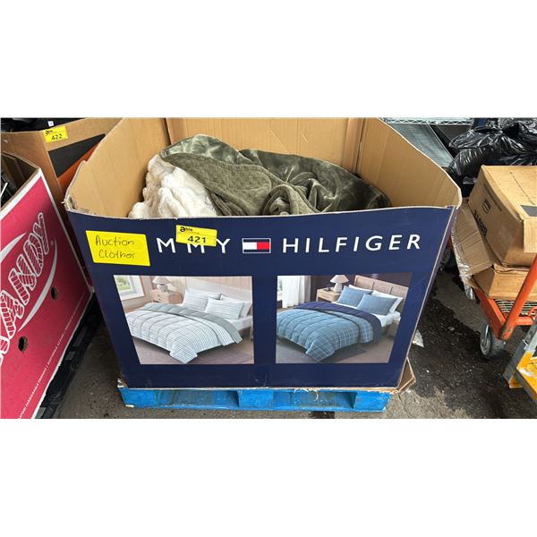 PALLET OF ASSORTED THROW BLANKETS & CLOTHING: UNKNOWN WORKING CONDITION/MAY BE MISSING PARTS & OR