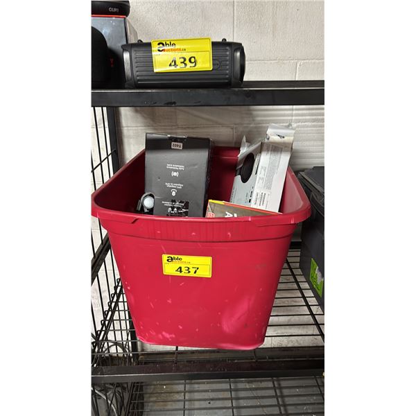BIN OF ASSORTED ITEMS INCLUDING TYPE-S DASH CAM, GOOGLE NEST HUB MAX, SKULLCANDY EARBUDS AND MORE