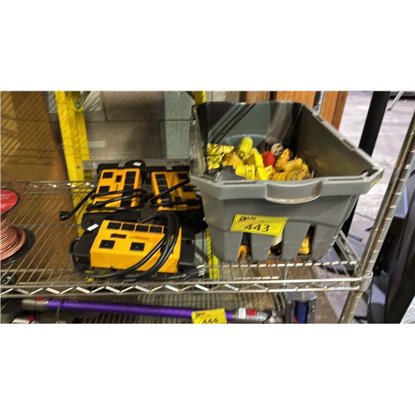 (3) MASTERCRAFT POWER BARS & BIN OF ASSTD. CORD CONNECTORS, PLUGS, CIRCUIT BREAKERS & MORE