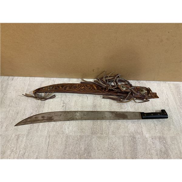 Vintage Latin Style Work Machete - With Leather Sheathe