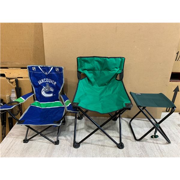 Assortment Of Camping Chairs - 1 Generic Green Chair - 1 Canucks Chair - 1 Dark Green Stool