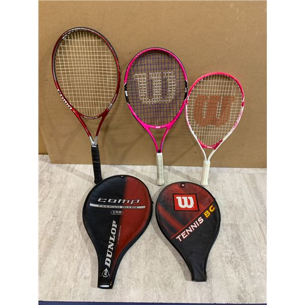 Lot Of 3 Tennis Rackets - 1 Dunlop, Adult - 2 Wilson, Junior