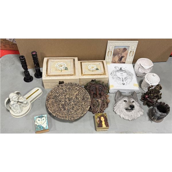 Home Decor Lot w/ Owl Vase, Trinket Boxes, Wall Hangings, & More
