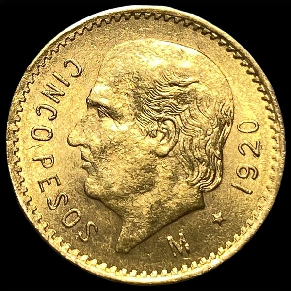 1920 Mexico .1209oz Gold 5 Pesos GEM BU