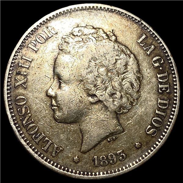 1893 Spain Silver 5 Pesetas NEARLY  UNCIRCULATED