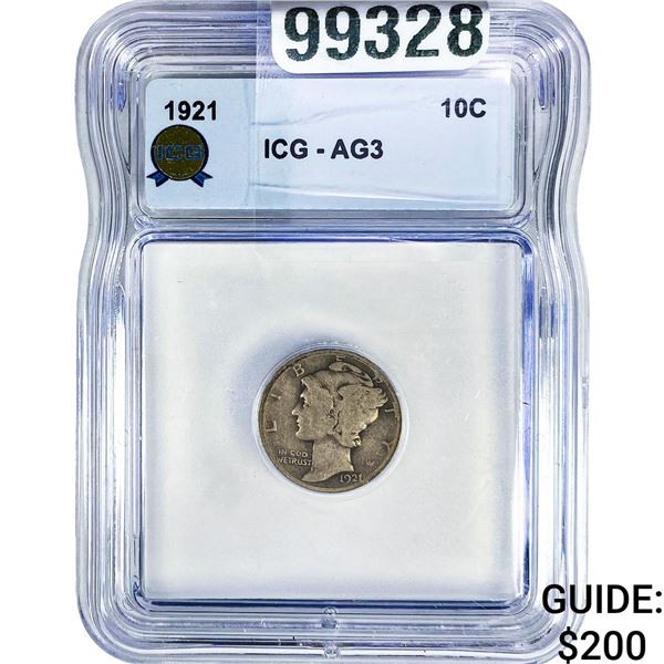 1921 Mercury Silver Dime ICG AG3